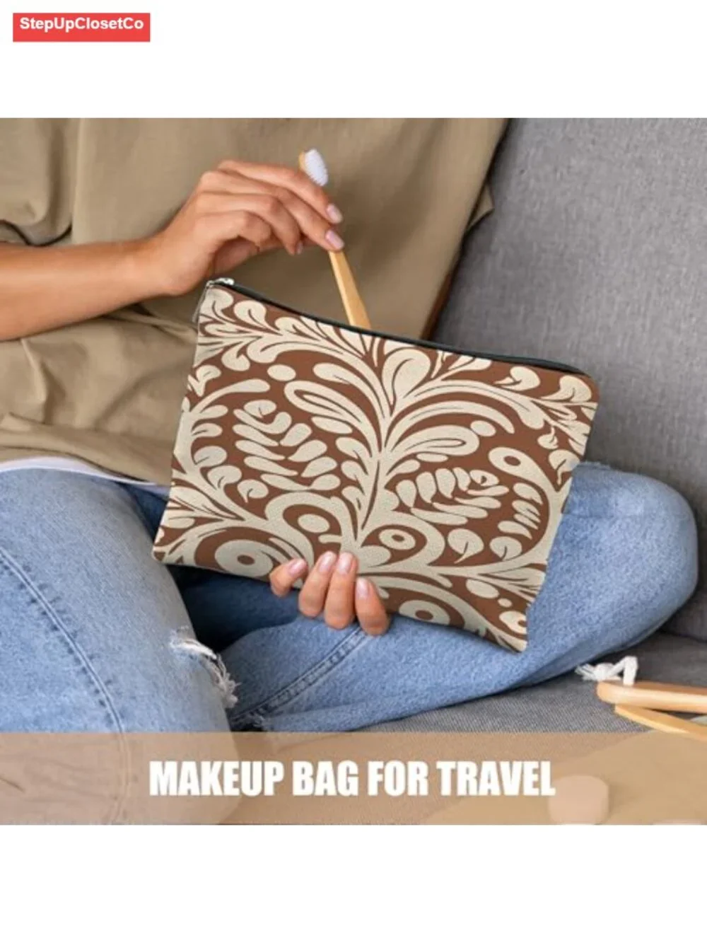 Boho Floral Canvas Makeup Bag Travel Toiletry Pouch Linen Zipper Organizer for